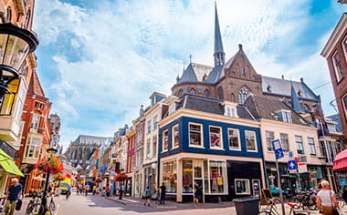 Traditional old street and buildings in Utrecht, Netherlands